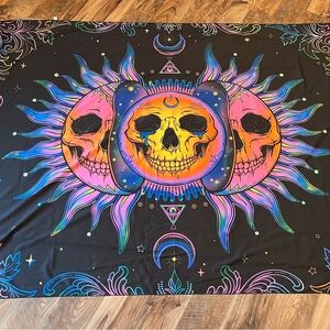 Psychedelic Triple Moon Skull Tapestry - Neon Sunset Colors 80” X 57” Large